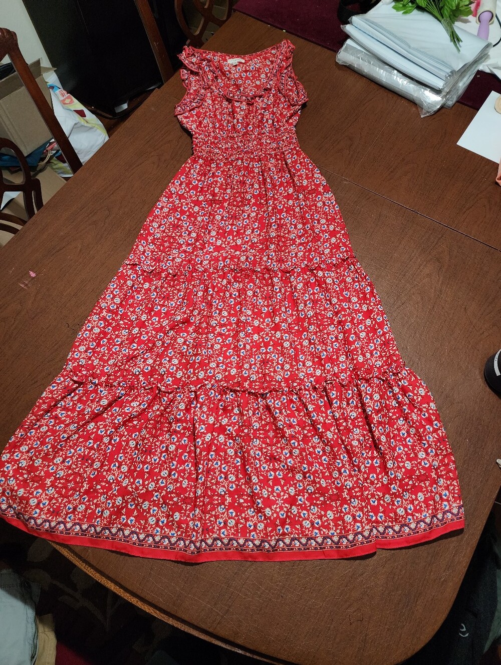 Max Studio Red Floral Tiered Maxi Dress